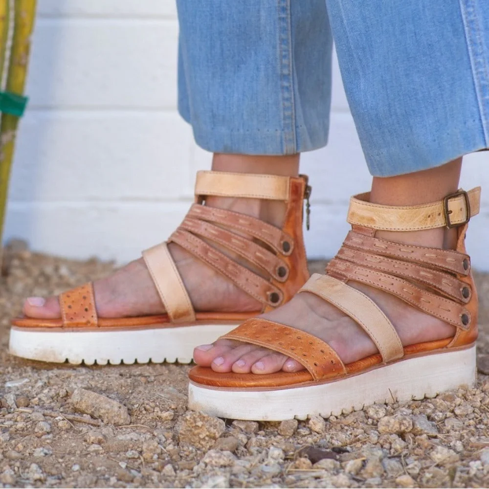 BedStu Artemia Strappy Platform Sandald Size 6 Bone Mustard Tan Rustic Leather